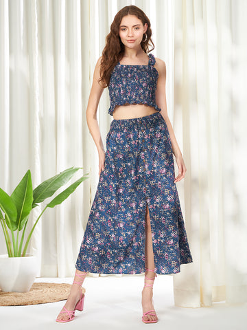 Belavine Blue Floral Print Shirred Cami Top & Split Hem Skirt