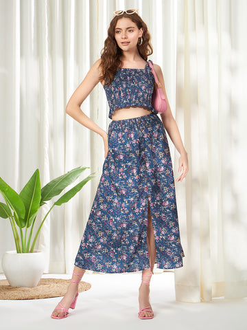 Belavine Blue Floral Print Shirred Cami Top & Split Hem Skirt