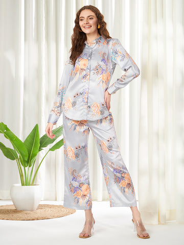 Belavine's Grey Floral Printed Stylish Casual Long Pant Co-Ords Set