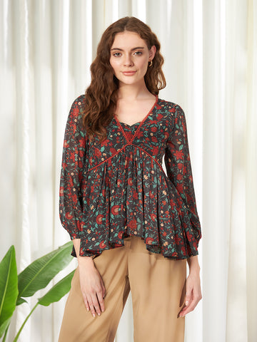 Belavine's Red Floral Printed Tendy Fashionable Peplum Top