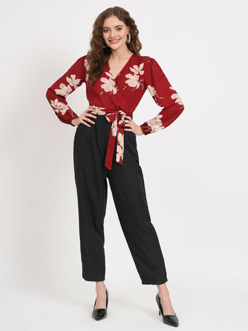 Belavine Red Printed Floral Slim Fit Party Jumpsuit
