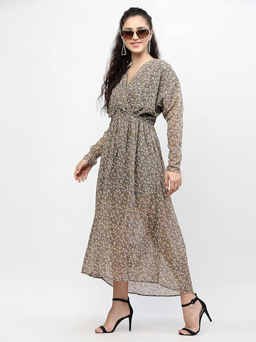 Belavine Grey Printed Fit & Flare Twisted Waist Dress