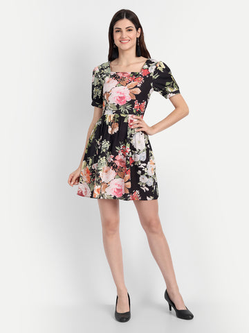 Belavine Black Floral Square Neck A-Line Mini Dress