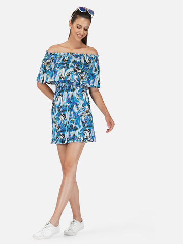 Belavine Blue Off-Shoulder Mini Dress