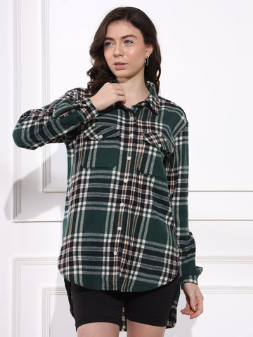 Belavine Green Checks High-Low Oversized Casual Shirt