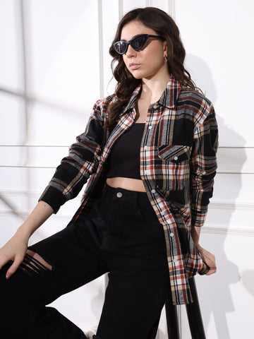 Belavine Dark Grey Checks Long Sleeves Oversized Casual Shirt