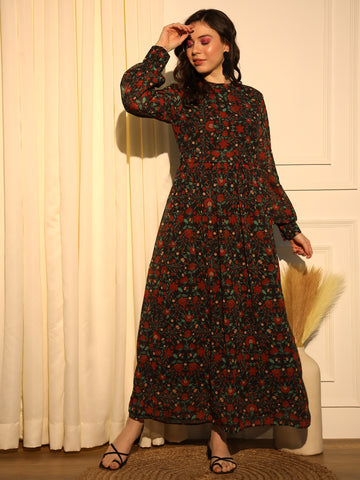 Belavine's Black Red Floral Printed Fit & Flare Maxi Dress
