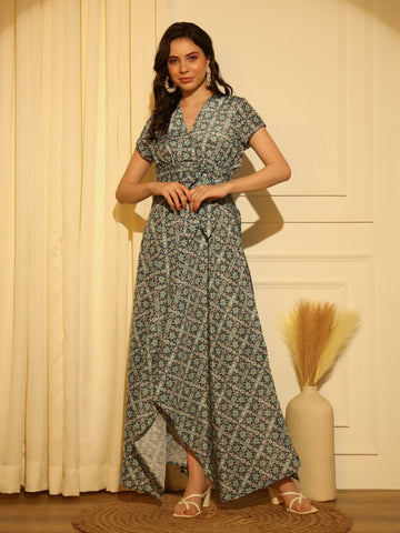 Belavine Aqua Blue Floral Print High-Low Hem Maxi Dress