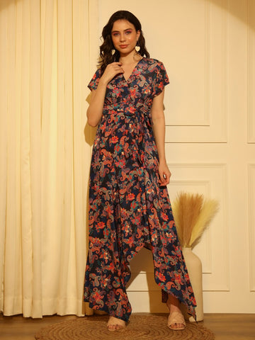 Belavine Dark Blue Floral Print High-Low Hem Maxi Dress