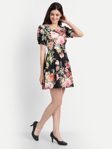 Belavine Black Floral Square Neck A-Line Mini Dress