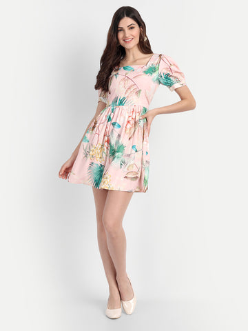 Belavine Peach Floral Square Neck A-Line Mini Dress