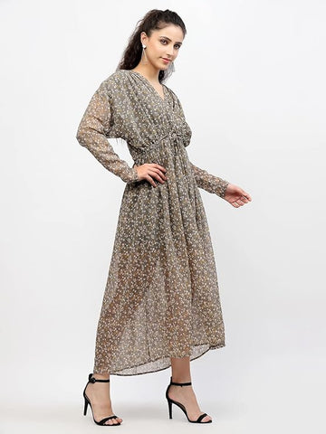 Belavine Grey Printed Fit & Flare Twisted Waist Dress