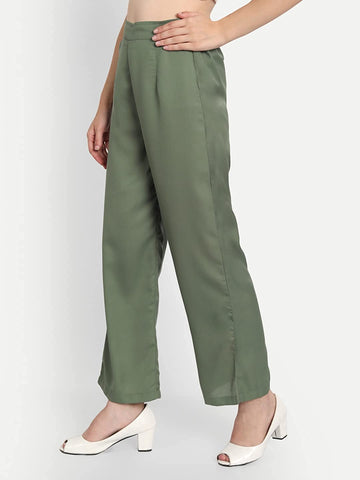 Belavine Olive Green Solid Straight Trouser