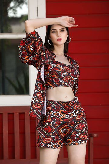 Belavine's Red Printed Stylish Casual Smart Co-Ord's Set
