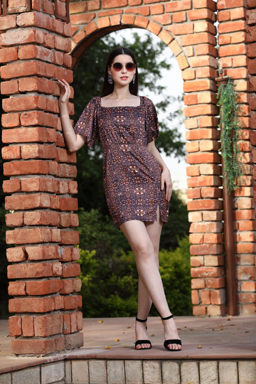 Belavine Brown All Over Printed Bodycon Mini Dress