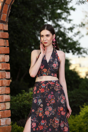 Belavine Floral Printed Knoted Top with Maxi Skirt Co-ord Set