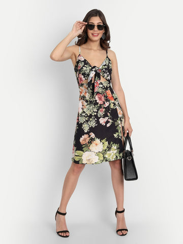 Belavine Black Floral Front Knot Side Slit Midi Dress