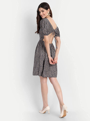 Belavine Black Printed Back Knot Mini Dress