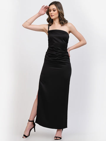 Belavine's Solid Black One Shoulder Ankle Length Sheath Dress