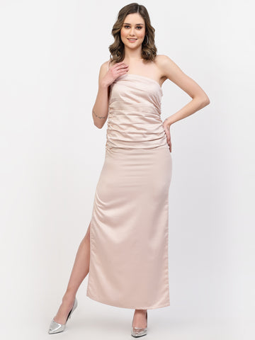 Belavine's Solid Baby Pink One Shoulder Ankle Length Sheath Dress