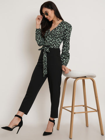 Belavine Green Graphic Print Slim Fit Belted Party Jumpsuit