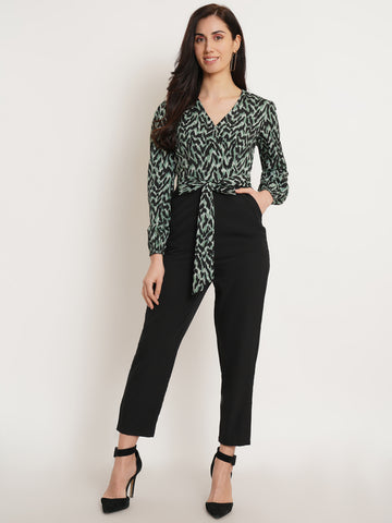 Belavine Green Graphic Print Slim Fit Belted Party Jumpsuit