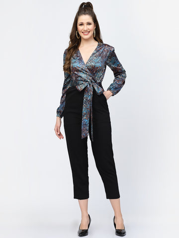 Belavine Green Digital Printed Slim Fit Belted Party Jumpsuit