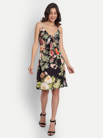 Belavine Black Floral Front Knot Side Slit Midi Dress