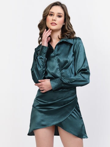 Belavine Solid Green Full Sleeves Mini Dress