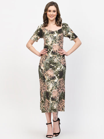 Belavine Green Printed Below Knee Back Slit Dress