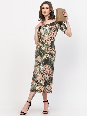 Belavine Green Printed Below Knee Back Slit Dress