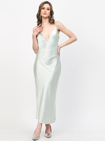 Belavine Solid Pistachio Deep Neck Party Dress