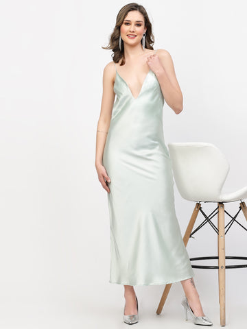 Belavine Solid Pistachio Deep Neck Party Dress