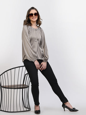 Belavine's Solid Grey T-Neck Front Cut Regular Top