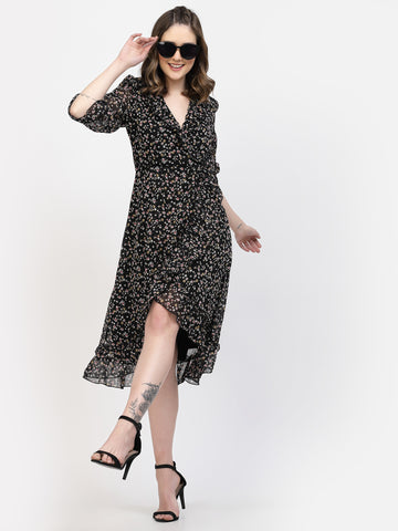 Belavine's Black Floral Printed Wrap Pattern Dress