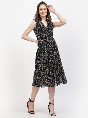 Belavine's Black Printed V Neck Fit & Flare Midi Dress