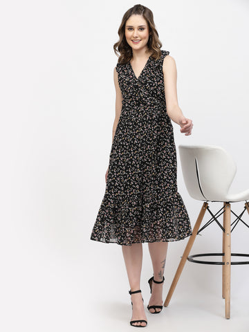 Belavine's Black Printed V Neck Fit & Flare Midi Dress