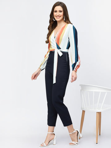 Belavine Multicolor Striped Print Slim Fit Belted Party Jumpsuit