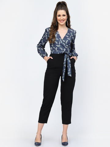 Belavine Dark Blue Floral Print Slim Fit Party Jumpsuit