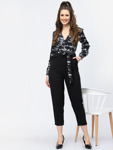 Belavine Black Floral Print Slim Fit Belted Party Jumpsuit