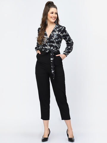 Belavine Black Floral Print Slim Fit Belted Party Jumpsuit