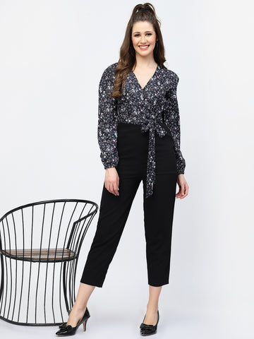 Belavine Black Floral Print Slim Fit Belted Party Jumpsuit