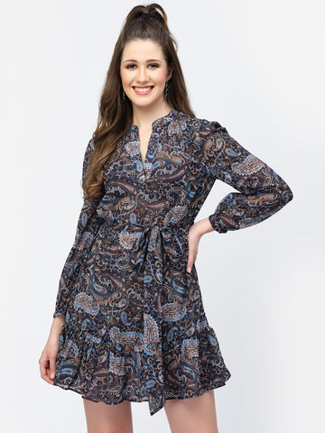 Belavine's Blue Printed Long Sleeves Short Dress