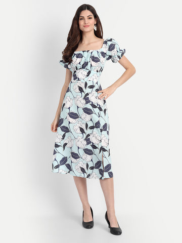 Belavine Sky Blue Floral Print Ruched Bust Puff Sleeve Split Thigh Midi Dress