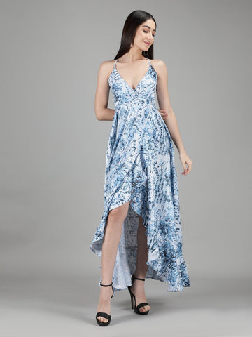 Belavine Blue Printed V-Neck Asymmetric Cocktail Dress