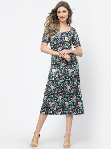 Belavine Blue-Green Printed Back Slit Dress Midi Dress