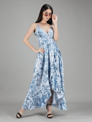 Belavine Blue Printed V-Neck Asymmetric Cocktail Dress