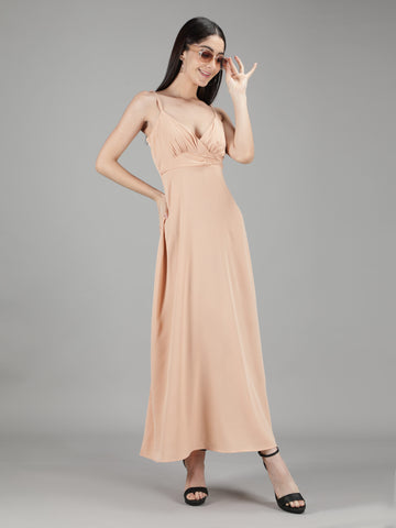 Belavine Solid Beige V-Neck Cocktail Dress