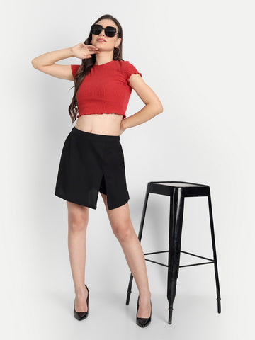 Belavine Solid Black Elastic Waist Split Front Skirt