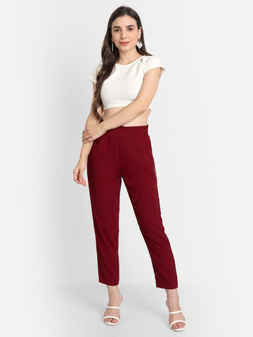 Women Maroon Solid High-Rise Skinny Fit Formal Trouser